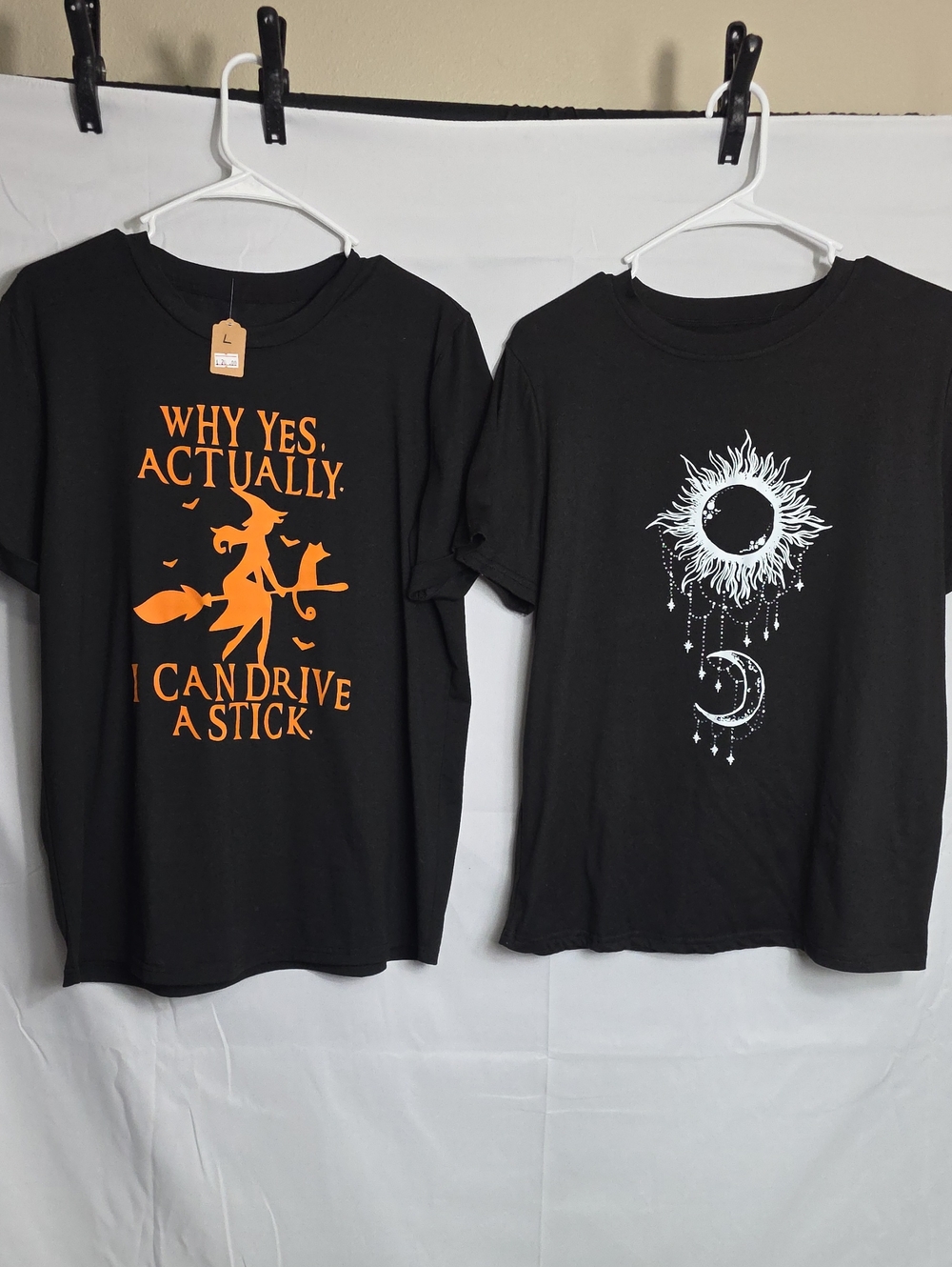Halloween Black Womens Graphic Tee w Orange Witch Print And A Moon Shirt (W730)